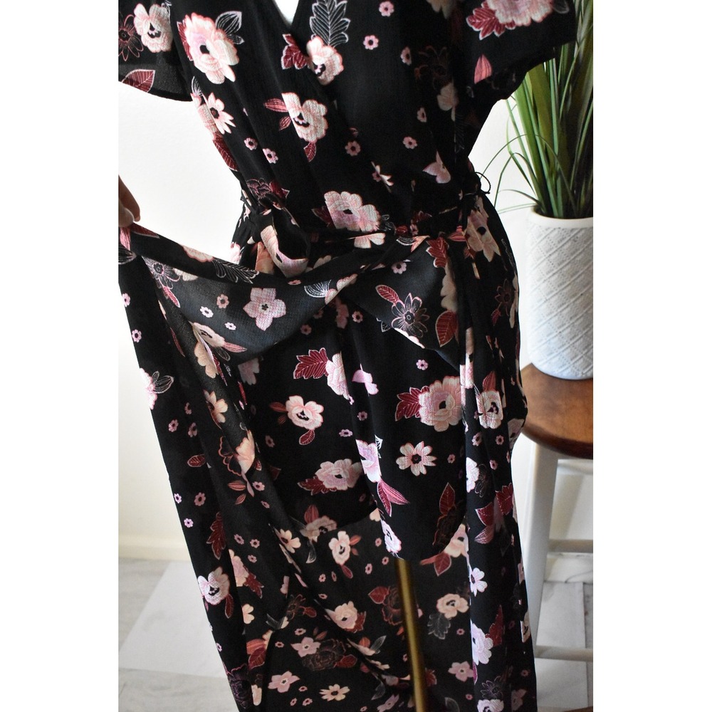 Candie's Floral Maxi Romper Women Size M Black Pink Modern Split Overlay Tie - Picture 4 of 10